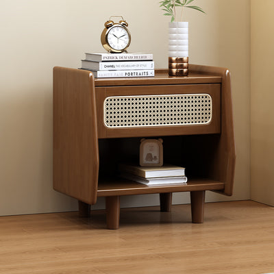 Traditional Rustic Square Rubberwood Pine Wood Plastic Rattan Weaving Nightstand 1-Drawer For Bedroom
