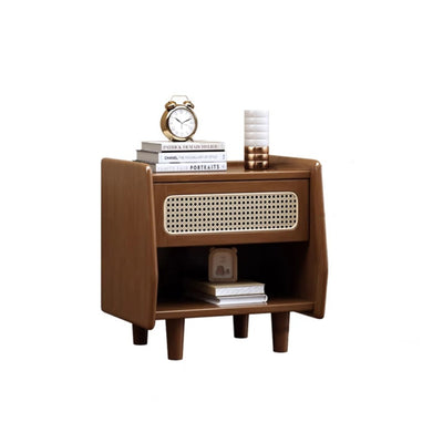Traditional Rustic Square Rubberwood Pine Wood Plastic Rattan Weaving Nightstand 1-Drawer For Bedroom