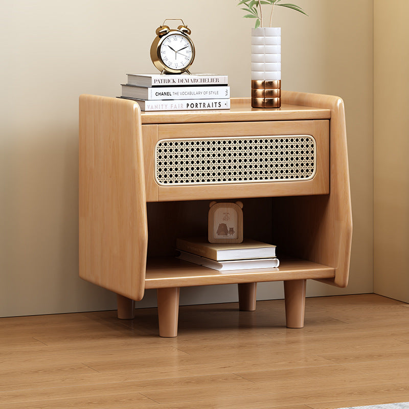 Traditional Rustic Square Rubberwood Pine Wood Plastic Rattan Weaving Nightstand 1-Drawer For Bedroom