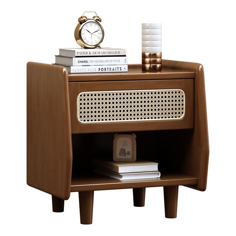 Traditional Rustic Square Rubberwood Pine Wood Plastic Rattan Weaving Nightstand 1-Drawer For Bedroom