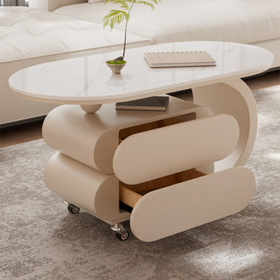 Modern Minimalist Oval Carbon Steel Rock Slab Movable Coffee Table 2-Drawer For Living Room