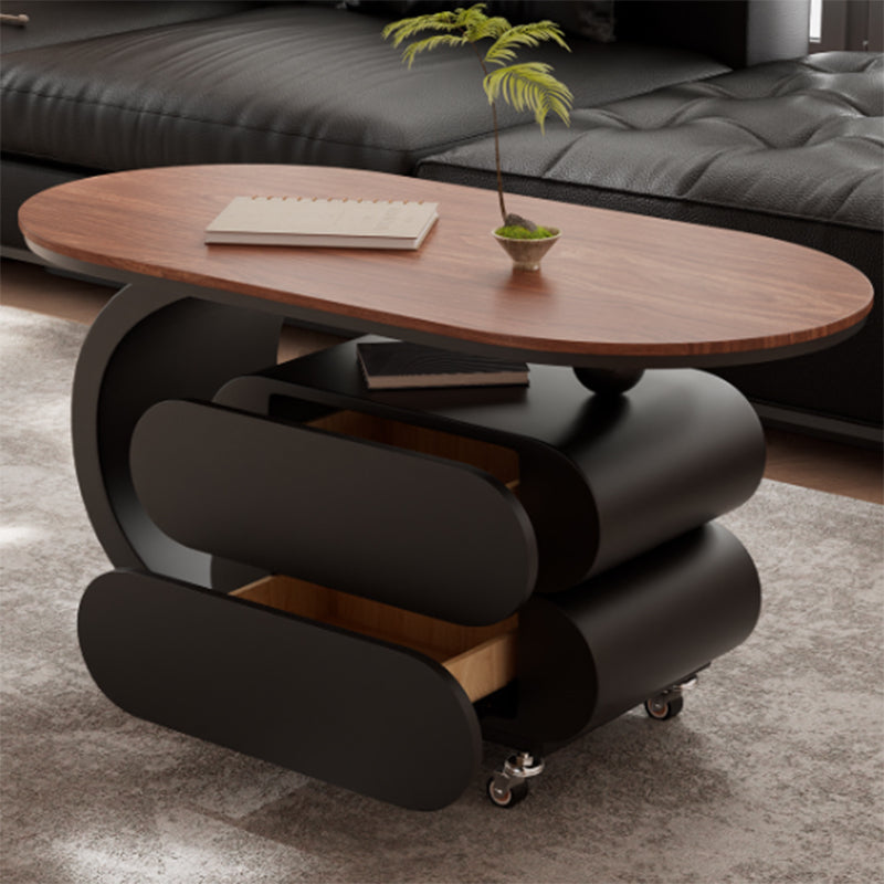 Modern Minimalist Oval Carbon Steel Rock Slab Movable Coffee Table 2-Drawer For Living Room