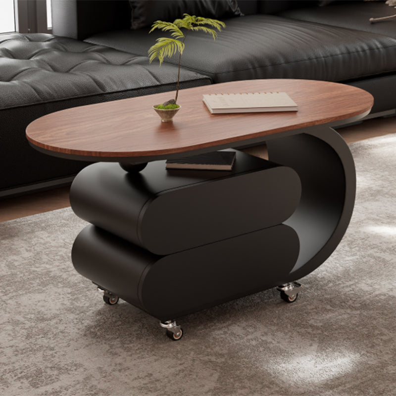 Modern Minimalist Oval Carbon Steel Rock Slab Movable Coffee Table 2-Drawer For Living Room