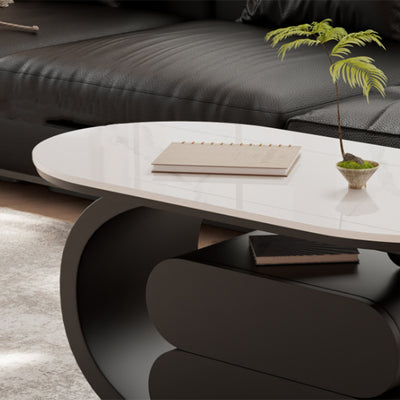 Modern Minimalist Oval Carbon Steel Rock Slab Movable Coffee Table 2-Drawer For Living Room