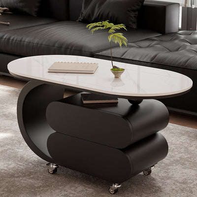 Modern Minimalist Oval Carbon Steel Rock Slab Movable Coffee Table 2-Drawer For Living Room