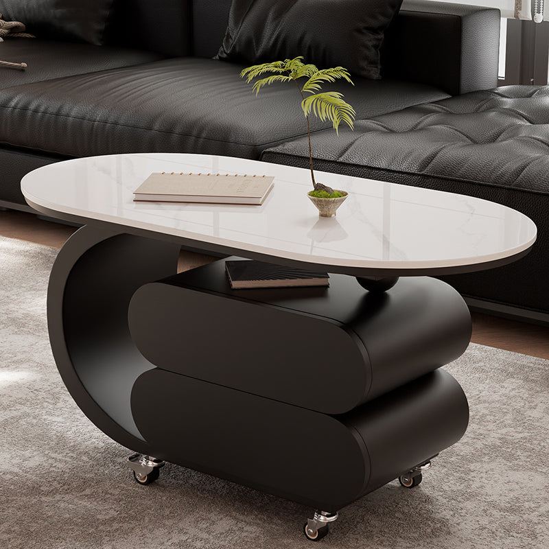 Modern Minimalist Oval Carbon Steel Rock Slab Movable Coffee Table 2-Drawer For Living Room