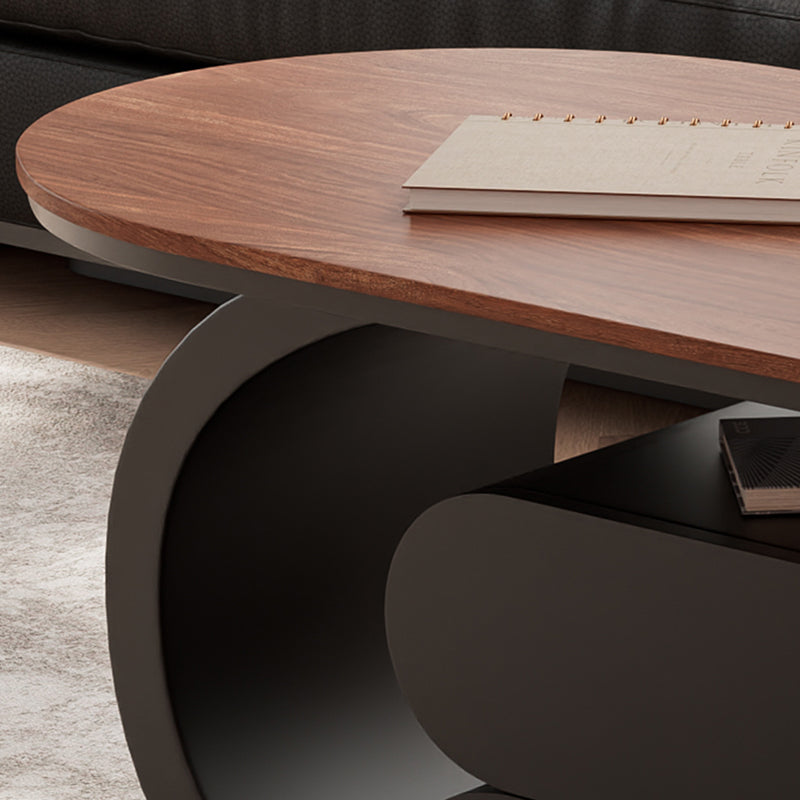 Modern Minimalist Oval Carbon Steel Rock Slab Movable Coffee Table 2-Drawer For Living Room