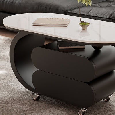 Modern Minimalist Oval Carbon Steel Rock Slab Movable Coffee Table 2-Drawer For Living Room