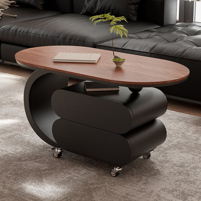 Modern Minimalist Oval Carbon Steel Rock Slab Movable Coffee Table 2-Drawer For Living Room