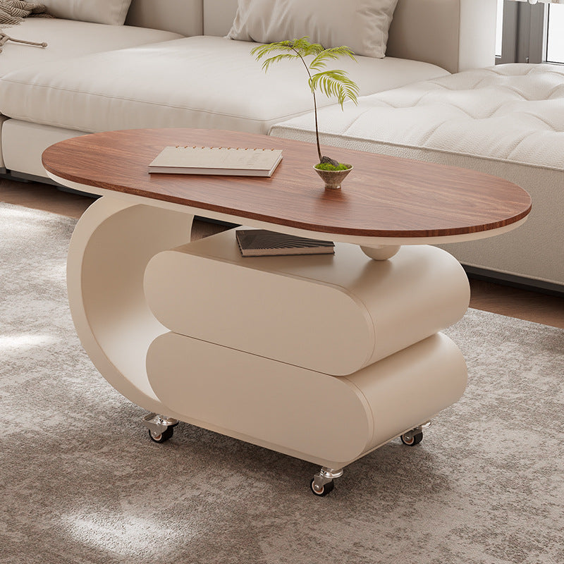 Modern Minimalist Oval Carbon Steel Rock Slab Movable Coffee Table 2-Drawer For Living Room