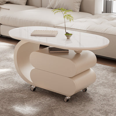 Modern Minimalist Oval Carbon Steel Rock Slab Movable Coffee Table 2-Drawer For Living Room
