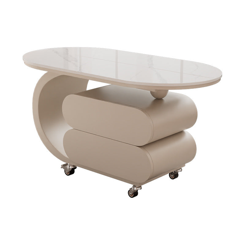 Modern Minimalist Oval Carbon Steel Rock Slab Movable Coffee Table 2-Drawer For Living Room