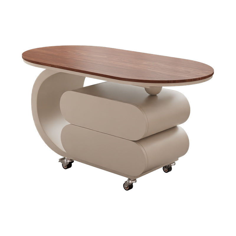 Modern Minimalist Oval Carbon Steel Rock Slab Movable Coffee Table 2-Drawer For Living Room