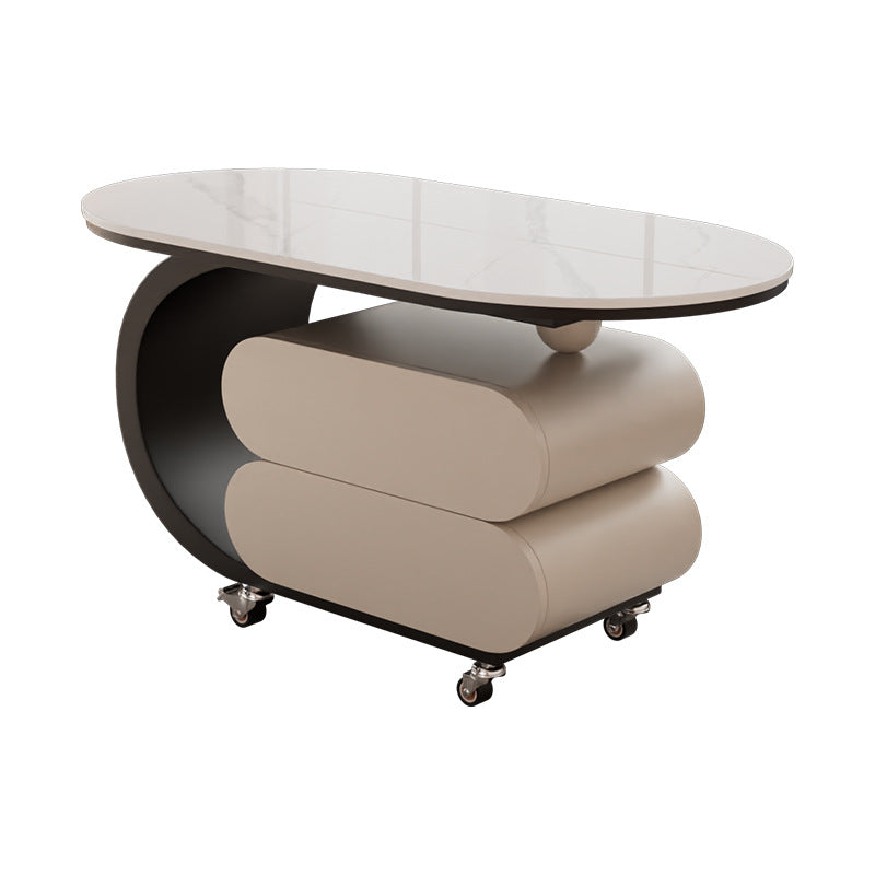 Modern Minimalist Oval Carbon Steel Rock Slab Movable Coffee Table 2-Drawer For Living Room