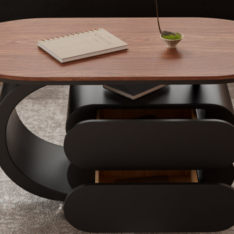 Modern Minimalist Oval Carbon Steel Rock Slab Movable Coffee Table 2-Drawer For Living Room