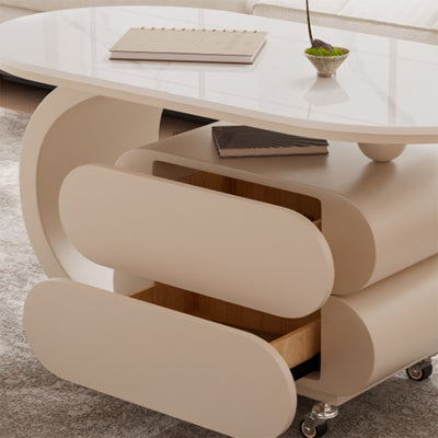 Modern Minimalist Oval Carbon Steel Rock Slab Movable Coffee Table 2-Drawer For Living Room