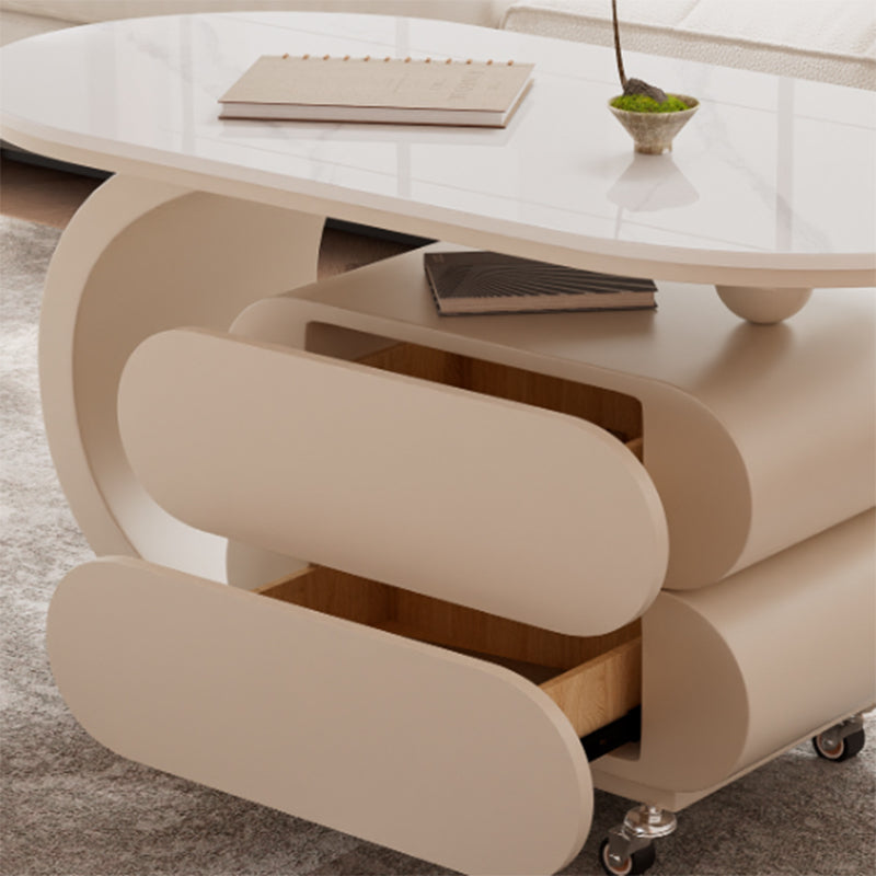 Modern Minimalist Oval Carbon Steel Rock Slab Movable Coffee Table 2-Drawer For Living Room