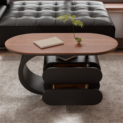 Modern Minimalist Oval Carbon Steel Rock Slab Movable Coffee Table 2-Drawer For Living Room