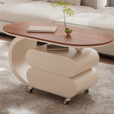 Modern Minimalist Oval Carbon Steel Rock Slab Movable Coffee Table 2-Drawer For Living Room