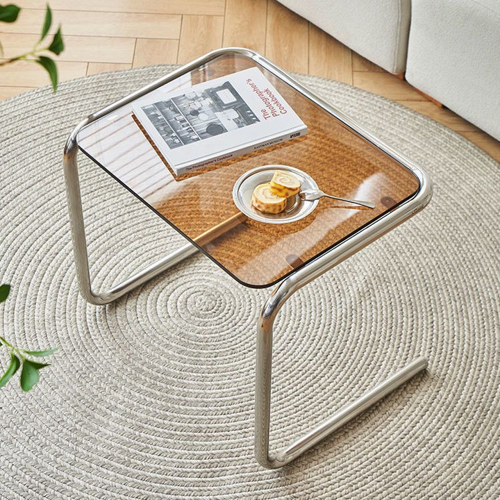 Zeitgenössischer rechteckiger Beistelltisch aus Edelstahl und Glas mit 1 Ebene für das Wohnzimmer 