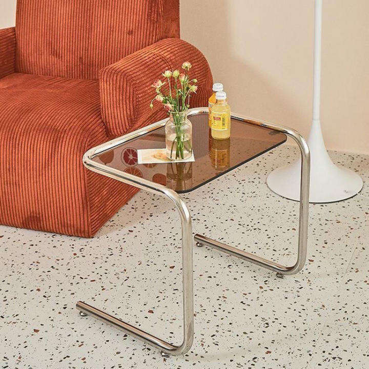 Contemporary Industrial Rectangular Stainless Steel Glass End Table 1-Tier For Living Room