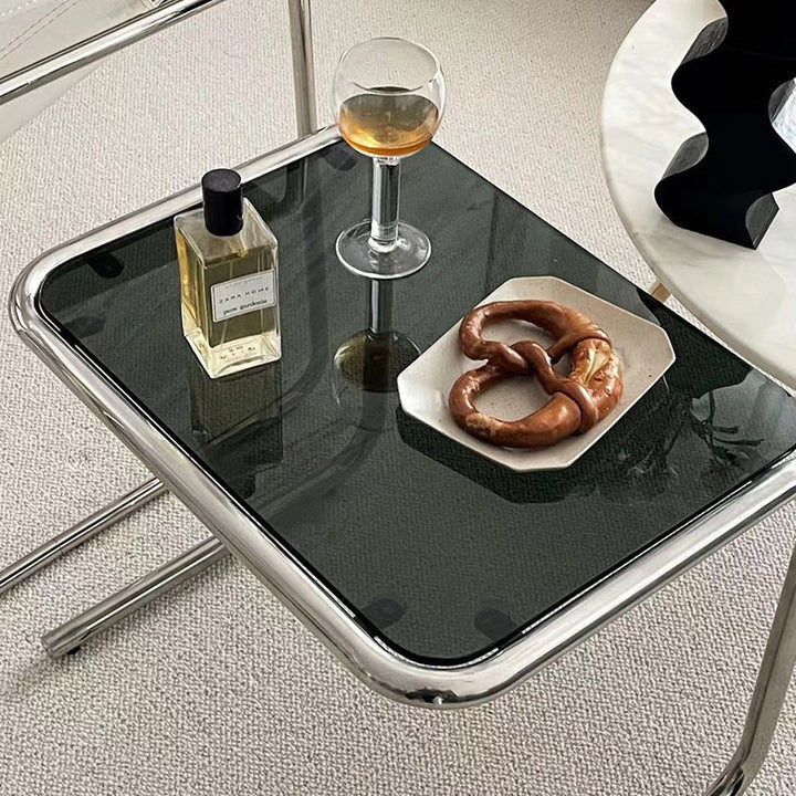 Zeitgenössischer rechteckiger Beistelltisch aus Edelstahl und Glas mit 1 Ebene für das Wohnzimmer 