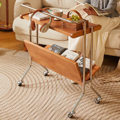 Table d'appoint rectangulaire minimaliste moderne en acier inoxydable et bois de caoutchouc à 2 niveaux pour salon 