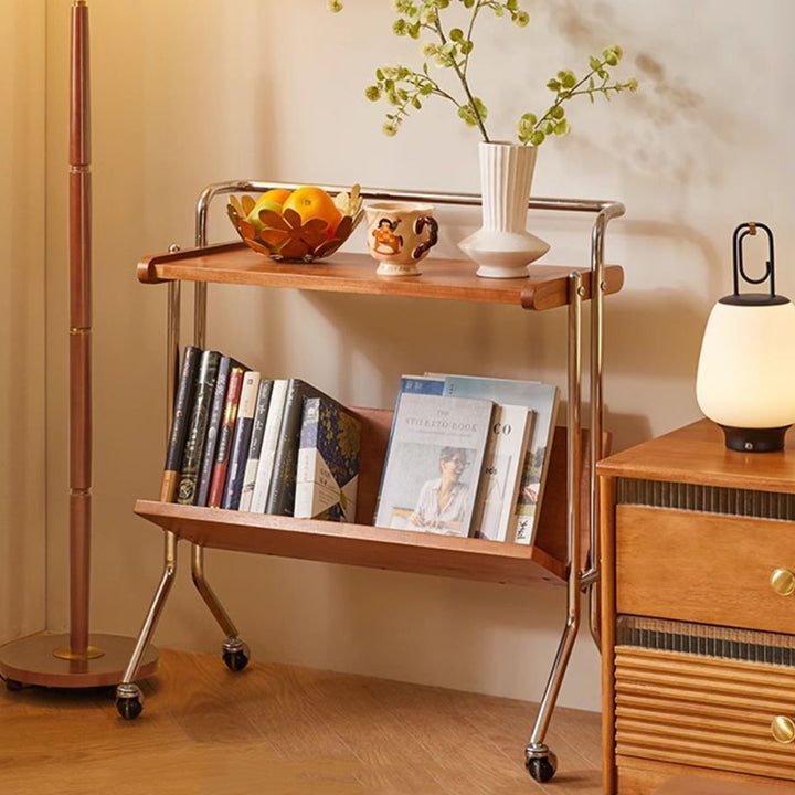 Mesa Auxiliar Movible Rectangular Minimalista Moderna de Acero Inoxidable y Madera de Caucho de 2 Niveles para Sala de Estar 