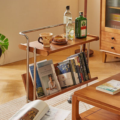Table d'appoint rectangulaire minimaliste moderne en acier inoxydable et bois de caoutchouc à 2 niveaux pour salon 