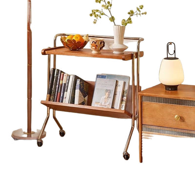 Table d'appoint rectangulaire minimaliste moderne en acier inoxydable et bois de caoutchouc à 2 niveaux pour salon 