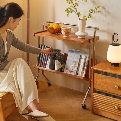 Table d'appoint rectangulaire minimaliste moderne en acier inoxydable et bois de caoutchouc à 2 niveaux pour salon 