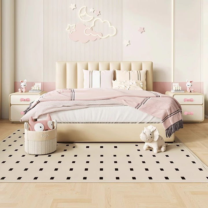 Moderner rechteckiger Art-Déco-Nachttisch für Kinder mit Schleifendetail, aus Sperrholz, Cat-Scratch-Leder und MDF, 2 Schubladen, für das Schlafzimmer 