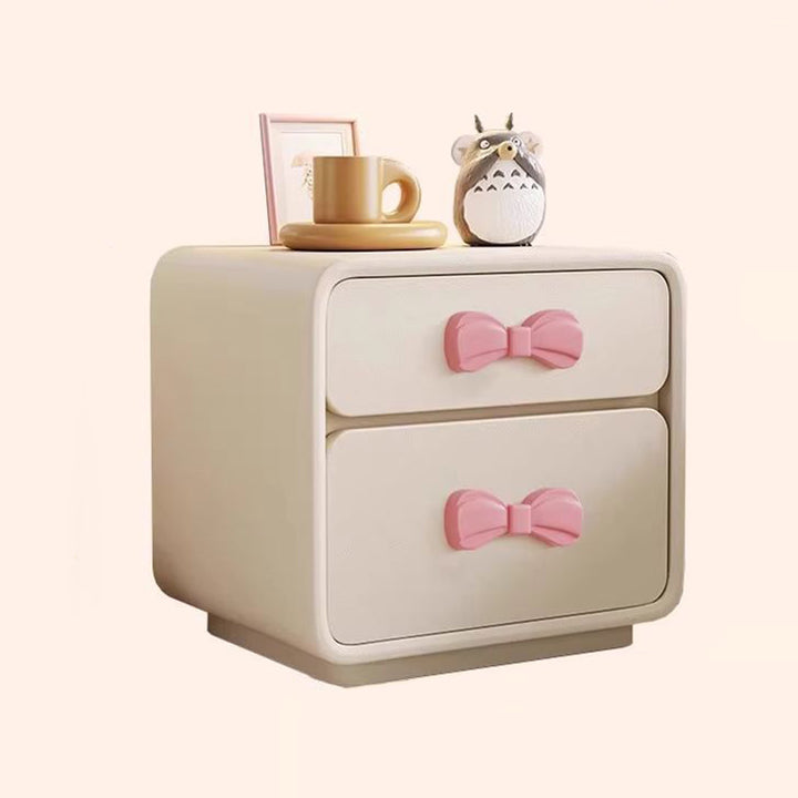 Moderner rechteckiger Art-Déco-Nachttisch für Kinder mit Schleifendetail, aus Sperrholz, Cat-Scratch-Leder und MDF, 2 Schubladen, für das Schlafzimmer 