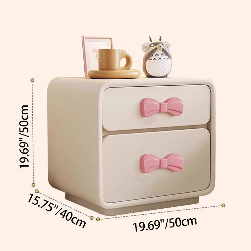 Modern Art Deco Rectangular Bowknot Solid Wood Kids Nightstand 2-Drawer For Bedroom