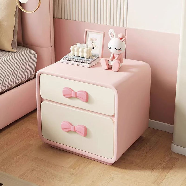 モダン アールデコ 長方形 リボン結び 合板 猫引っかき防止レザー MDF 子供用ナイトスタンド 2段引き出し 寝室用 