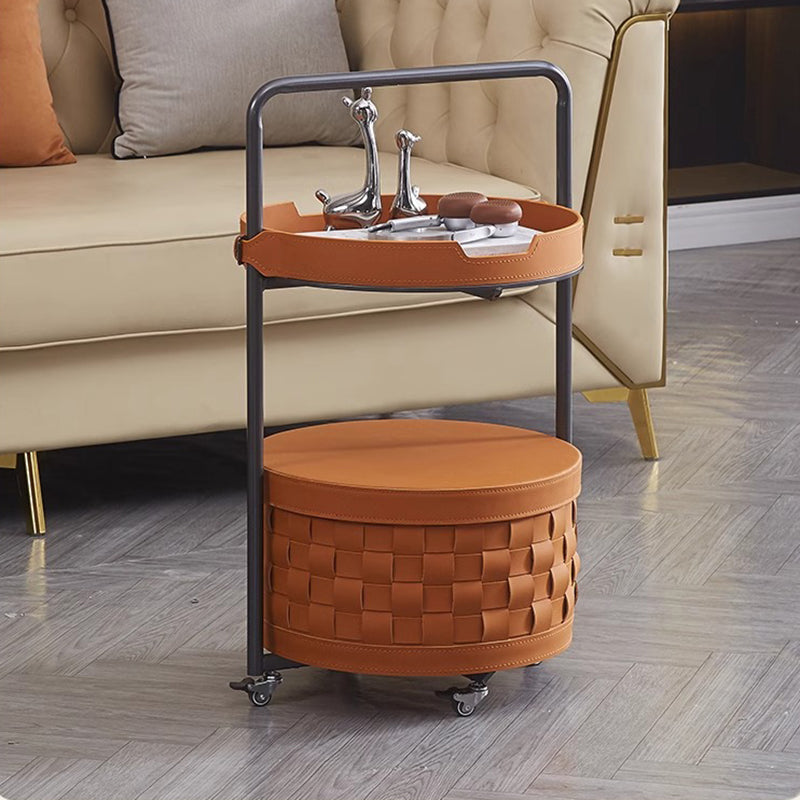 Contemporary Luxury Round Lantern Carbon Steel Faux Saddle Leather Movable End Table 2-Tier For Living Room