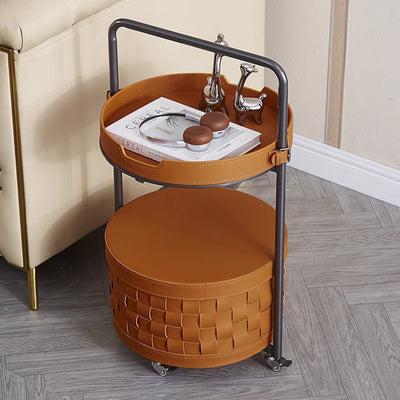 Contemporary Luxury Round Lantern Carbon Steel Faux Saddle Leather Movable End Table 2-Tier For Living Room