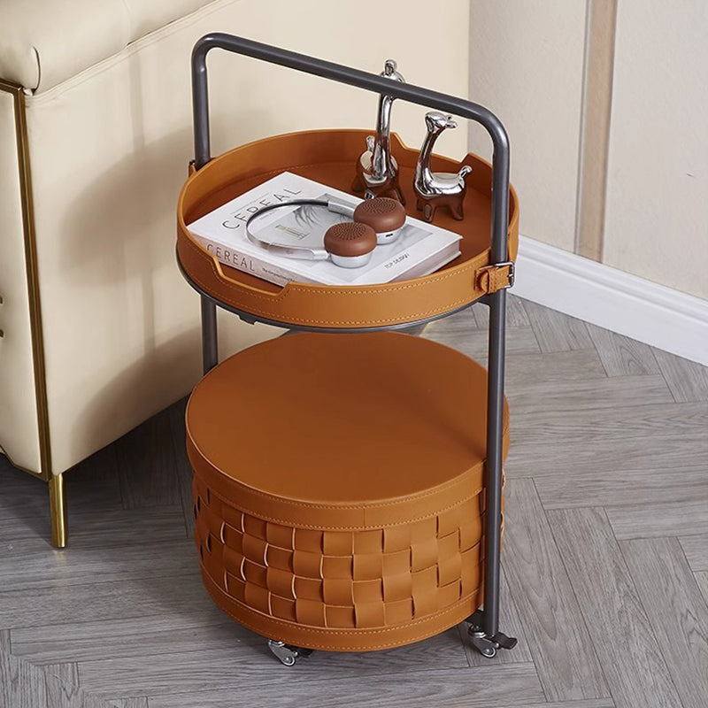 Contemporary Luxury Round Lantern Carbon Steel Faux Saddle Leather Movable End Table 2-Tier For Living Room