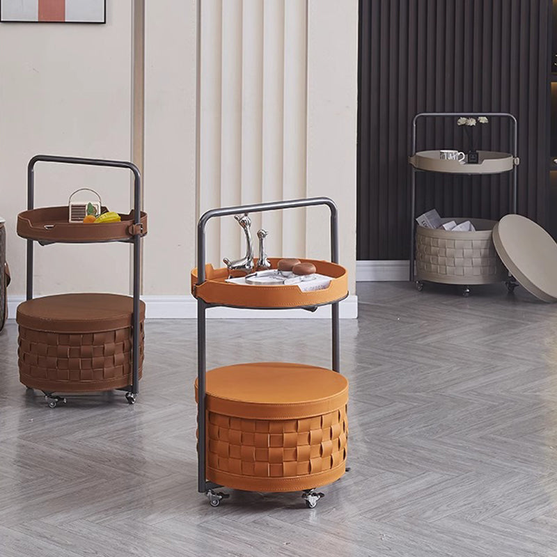 Contemporary Luxury Round Lantern Carbon Steel Faux Saddle Leather Movable End Table 2-Tier For Living Room