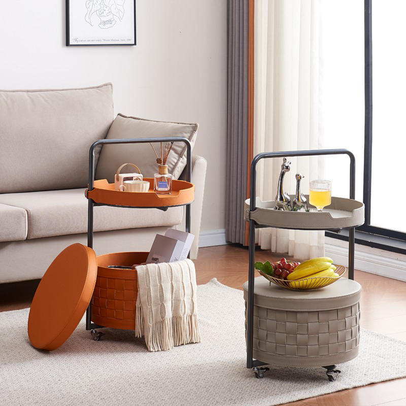 Contemporary Luxury Round Lantern Carbon Steel Faux Saddle Leather Movable End Table 2-Tier For Living Room