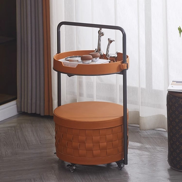 Contemporary Luxury Round Lantern Carbon Steel Faux Saddle Leather Movable End Table 2-Tier For Living Room