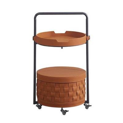 Contemporary Luxury Round Lantern Carbon Steel Faux Saddle Leather Movable End Table 2-Tier For Living Room