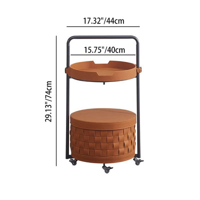 Contemporary Luxury Round Lantern Carbon Steel Faux Saddle Leather Movable End Table 2-Tier For Living Room