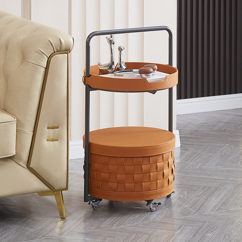 Contemporary Luxury Round Lantern Carbon Steel Faux Saddle Leather Movable End Table 2-Tier For Living Room