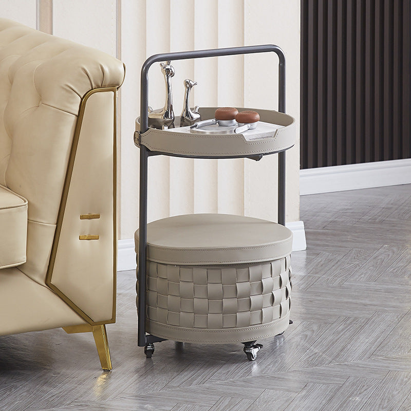 Contemporary Luxury Round Lantern Carbon Steel Faux Saddle Leather Movable End Table 2-Tier For Living Room