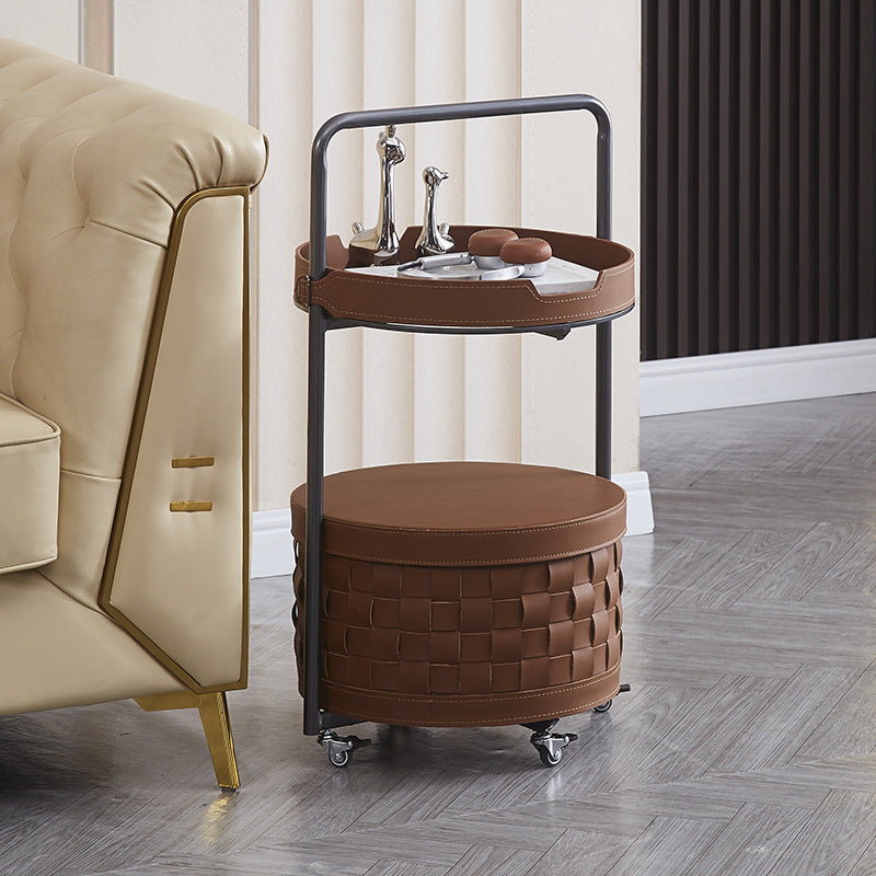 Contemporary Luxury Round Lantern Carbon Steel Faux Saddle Leather Movable End Table 2-Tier For Living Room