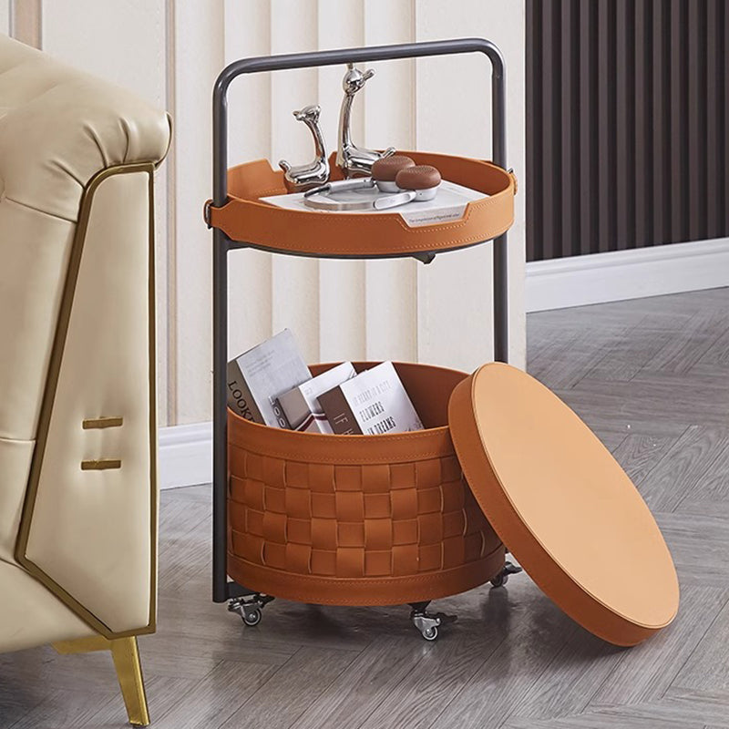 Contemporary Luxury Round Lantern Carbon Steel Faux Saddle Leather Movable End Table 2-Tier For Living Room