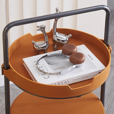 Contemporary Luxury Round Lantern Carbon Steel Faux Saddle Leather Movable End Table 2-Tier For Living Room