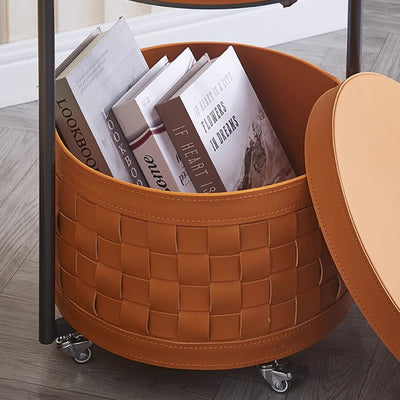 Contemporary Luxury Round Lantern Carbon Steel Faux Saddle Leather Movable End Table 2-Tier For Living Room