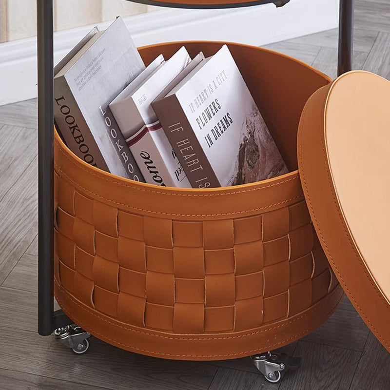 Contemporary Luxury Round Lantern Carbon Steel Faux Saddle Leather Movable End Table 2-Tier For Living Room